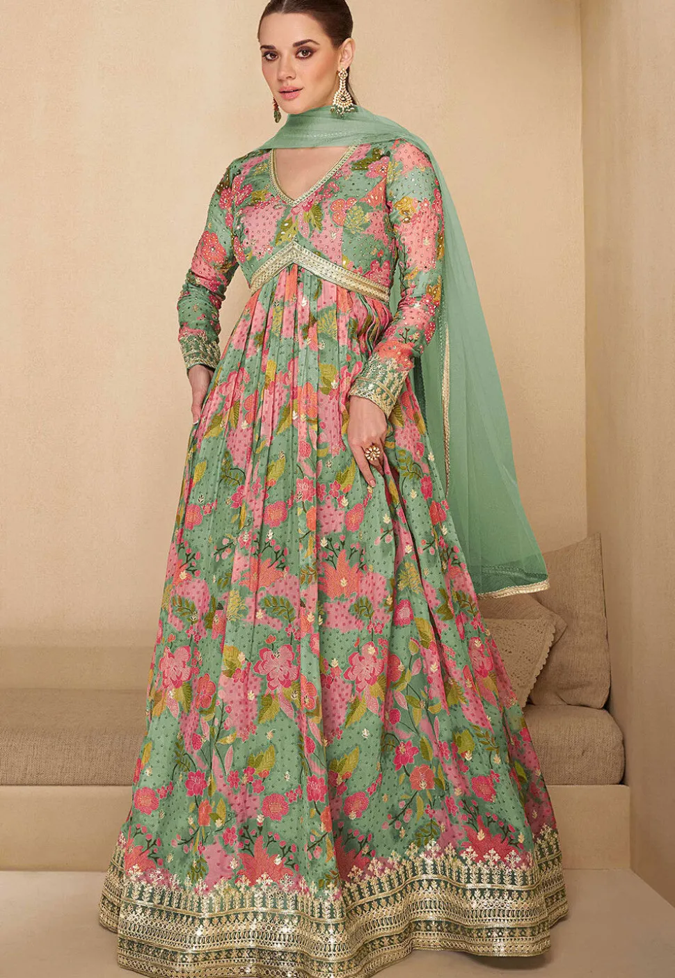 Digital Printed Georgette Abaya Style Suit in Dusty Green and Pink