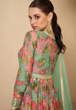 Digital Printed Georgette Abaya Style Suit in Dusty Green and Pink