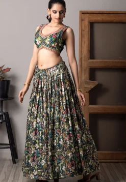 Digital Printed Georgette Lehenga in Black
