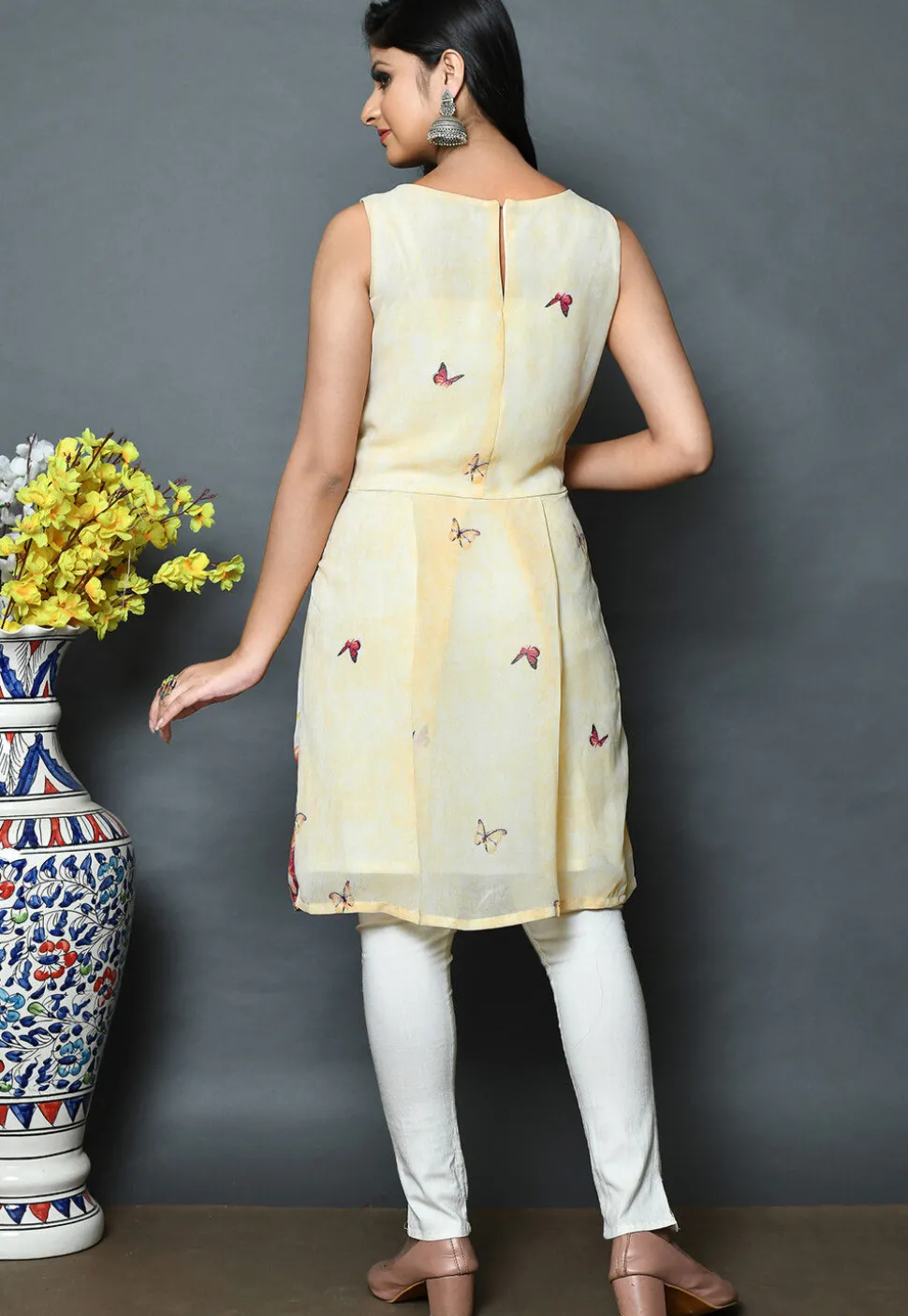 Digital Printed Georgette A Line Kurti in Cream