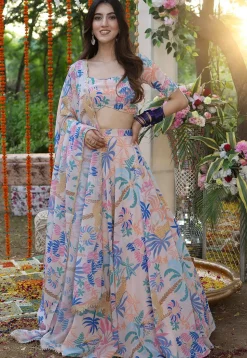 Digital Printed Georgette Lehenga in Cream