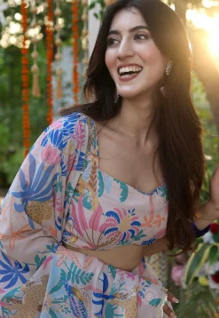 Digital Printed Georgette Lehenga in Cream