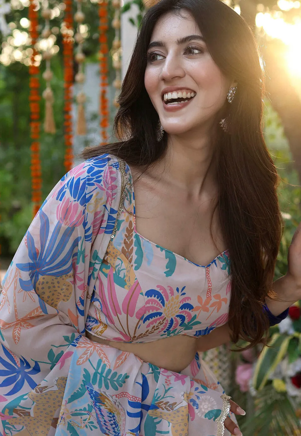 Digital Printed Georgette Lehenga in Cream