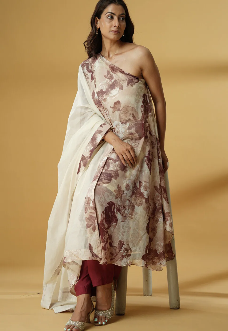 Digital Printed Georgette A Line Suit in Beige