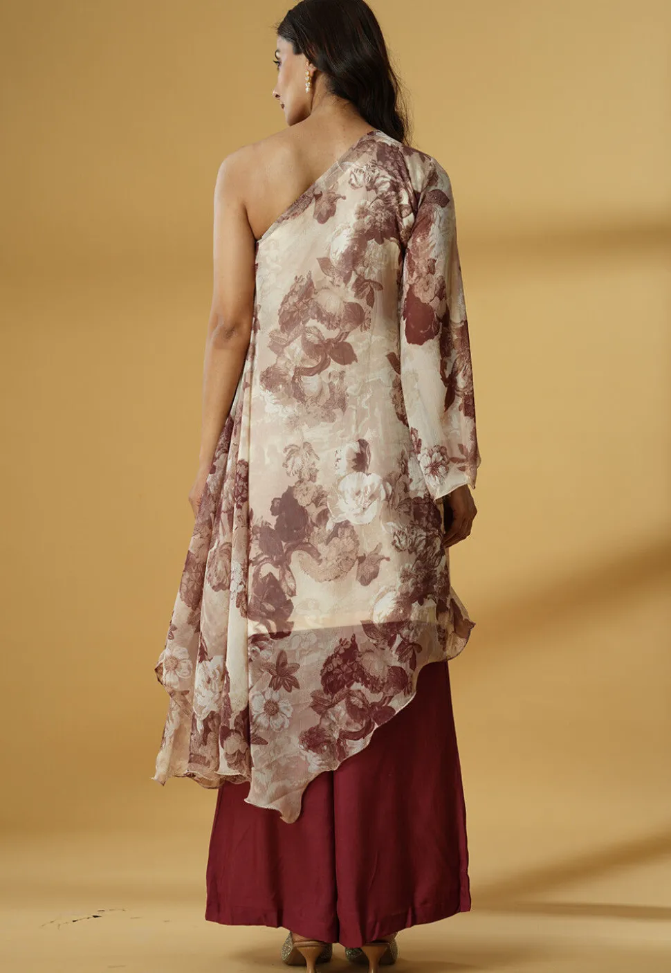 Digital Printed Georgette A Line Suit in Beige