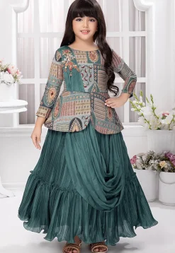 Digital Printed Georgette Gown in Dusty Blue