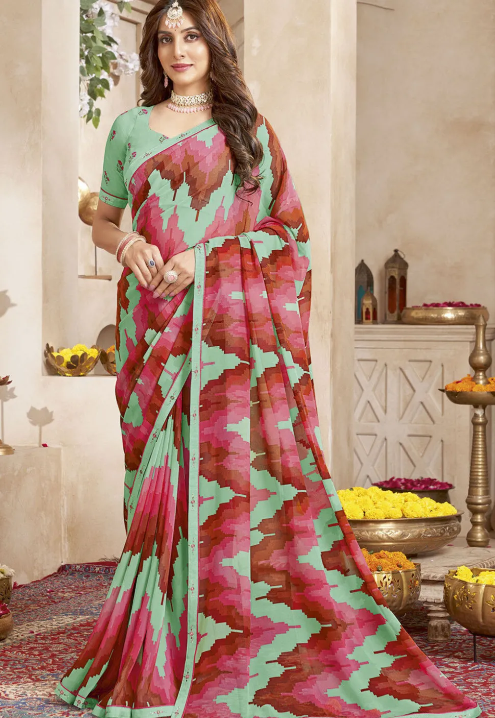 Digital Printed Georgette Saree in Light Green and Red