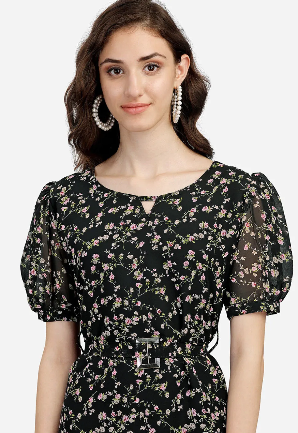 Digital Printed Georgette Aline Dress in Black
