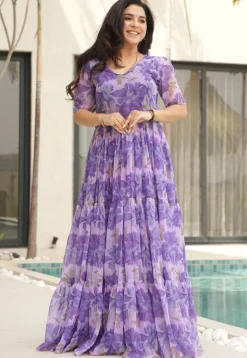 Digital Printed Georgette Tiered Gown in Purple