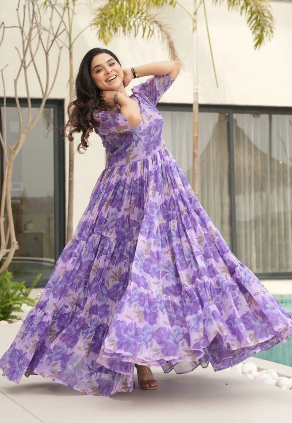 Digital Printed Georgette Tiered Gown in Purple