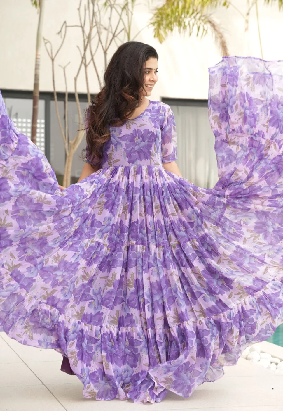 Digital Printed Georgette Tiered Gown in Purple