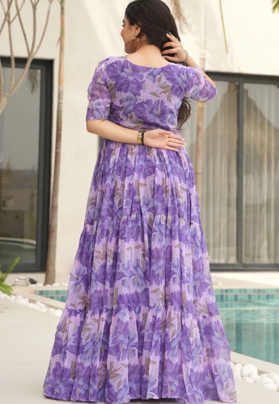 Digital Printed Georgette Tiered Gown in Purple