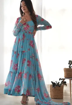 Digital Printed Georgette Tiered Abaya Style Suit in Sky Blue