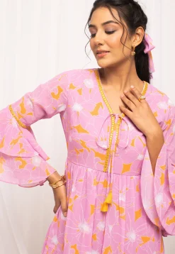 Digital Printed Georgette Short Dress in Pink