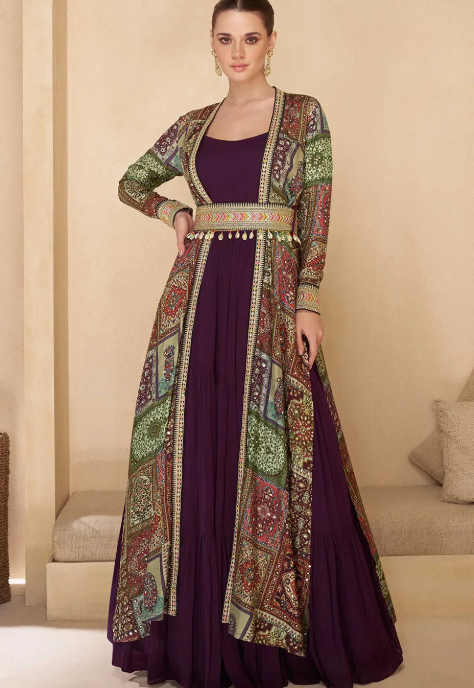 Digital Printed Georgette Gown in Wine