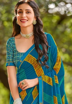Digital Printed Georgette Saree in Teal Blue