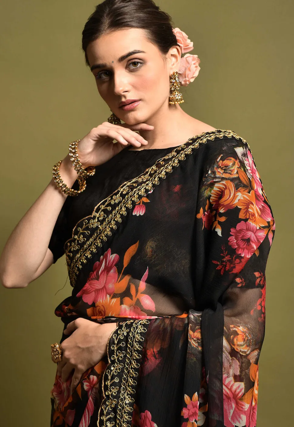 Digital Printed Georgette Saree in Black