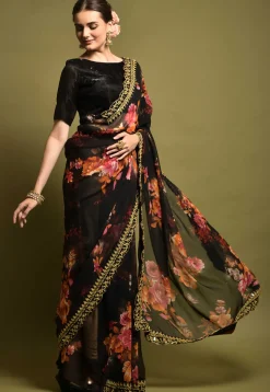 Digital Printed Georgette Saree in Black
