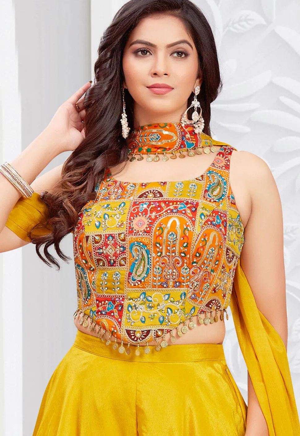 Digital Printed Georgette Crop Top Set in Mustard