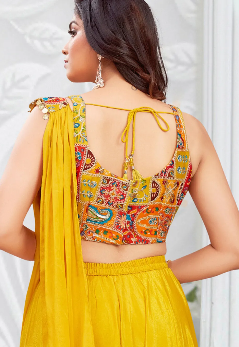 Digital Printed Georgette Crop Top Set in Mustard