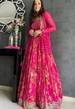 Digital Printed Georgette Lehenga in Pink