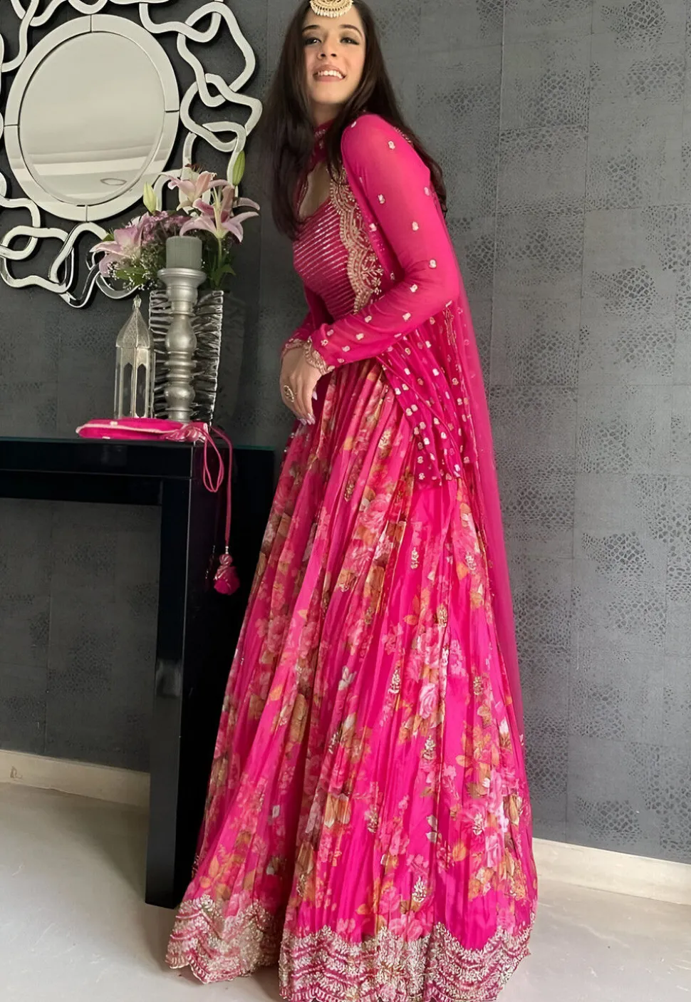 Digital Printed Georgette Lehenga in Pink