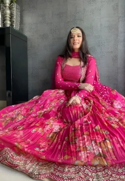 Digital Printed Georgette Lehenga in Pink