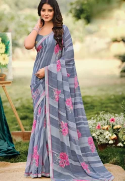 Digital Printed Georgette Saree in Grey