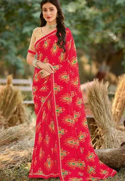 Digital Printed Georgette Saree in Red