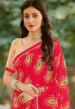 Digital Printed Georgette Saree in Red