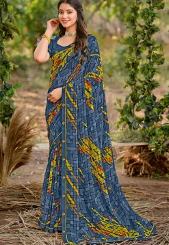 Digital Printed Georgette Saree in Dusty Blue