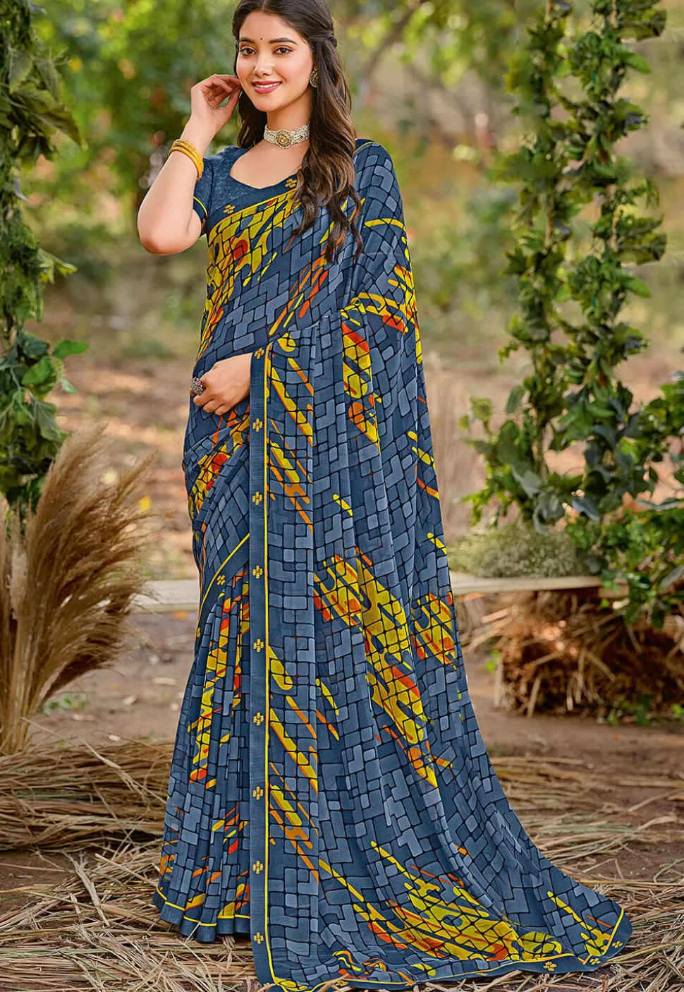 Digital Printed Georgette Saree in Dusty Blue