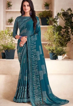 Digital Printed Georgette Saree in Teal Blue