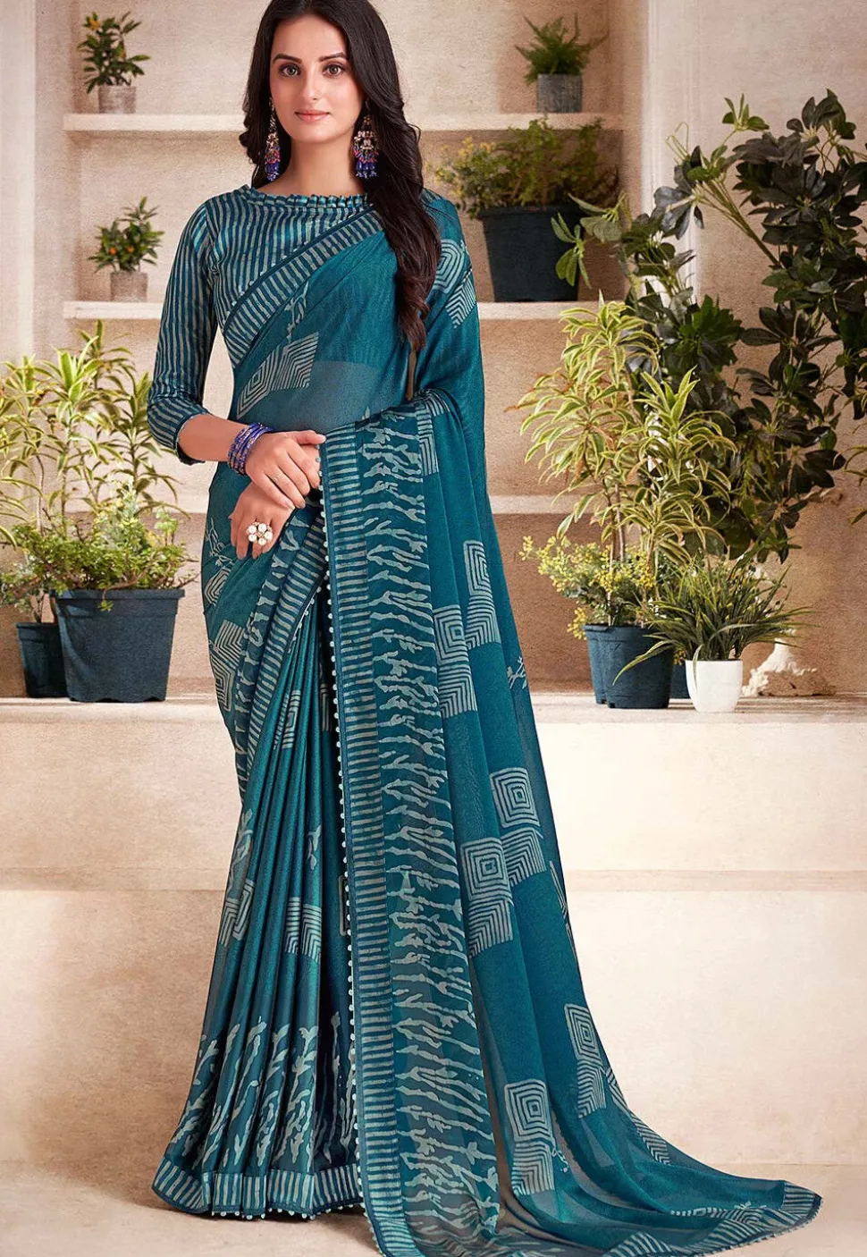 Digital Printed Georgette Saree in Teal Blue