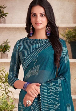 Digital Printed Georgette Saree in Teal Blue