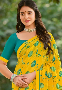Digital Printed Georgette Saree in Yellow