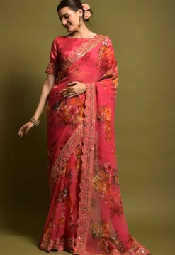 Digital Printed Georgette Saree in Fuchsia