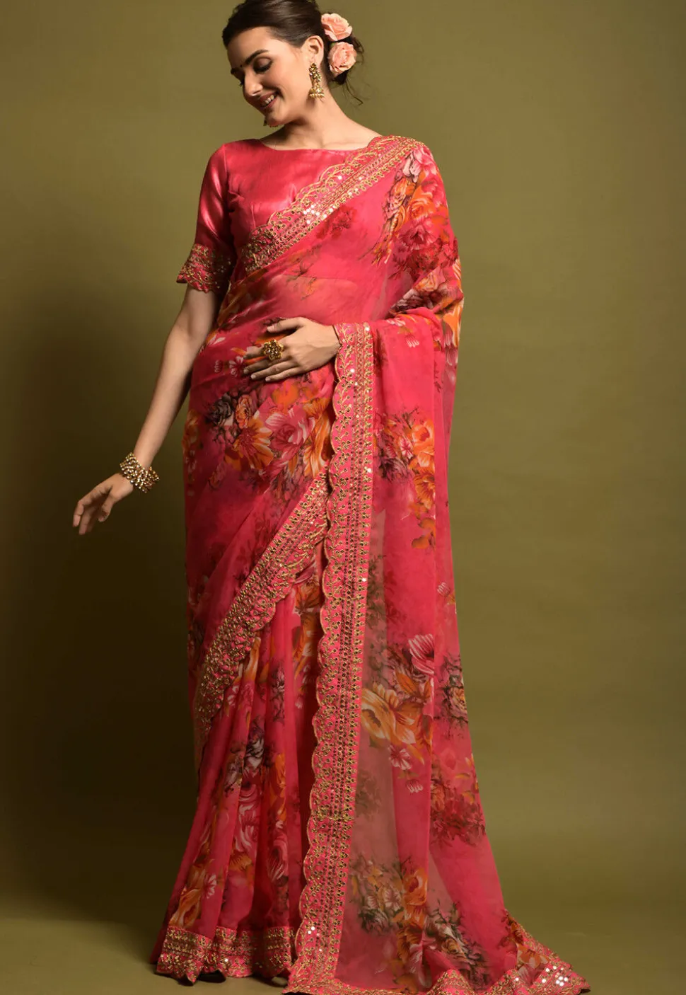 Digital Printed Georgette Saree in Fuchsia