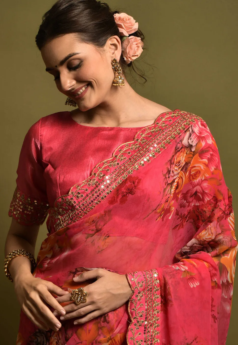 Digital Printed Georgette Saree in Fuchsia