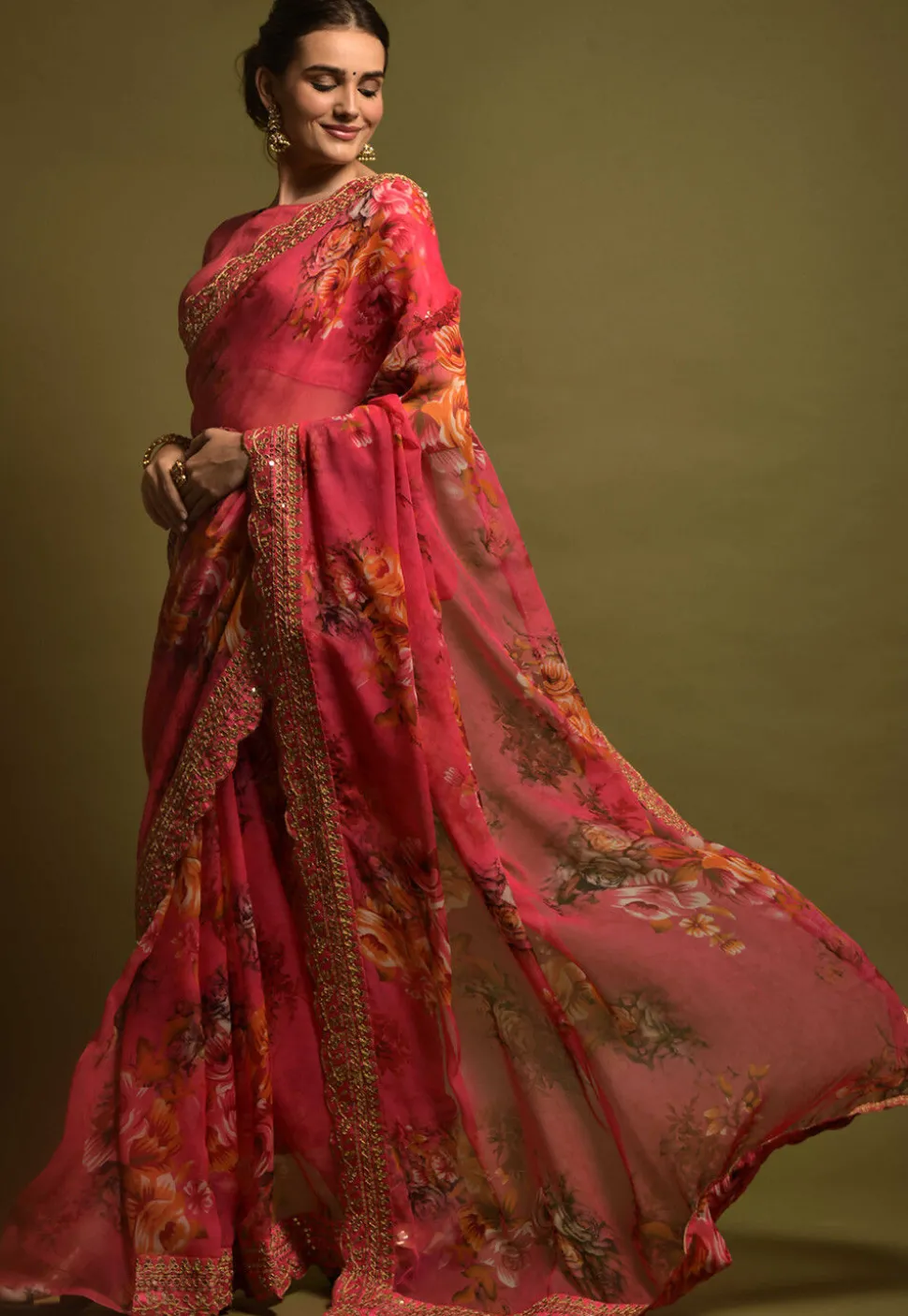 Digital Printed Georgette Saree in Fuchsia
