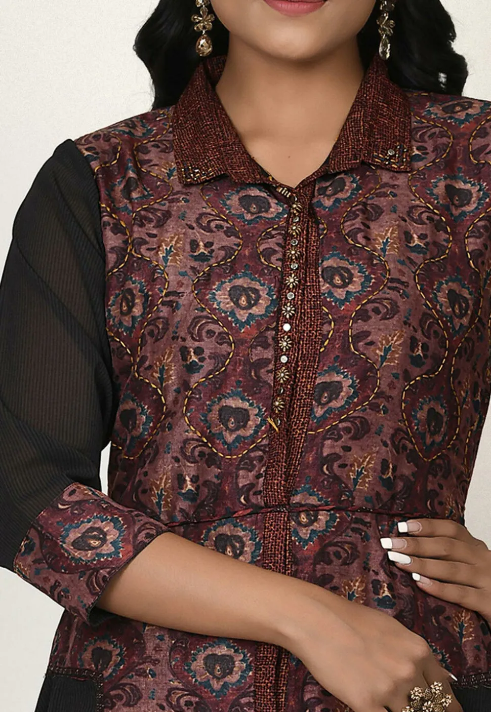 Digital Printed Georgette High Low Tunic in Black and Old Rose