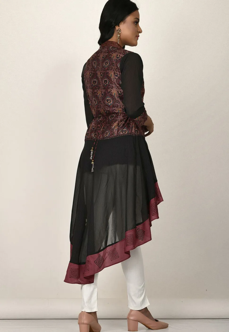 Digital Printed Georgette High Low Tunic in Black and Old Rose
