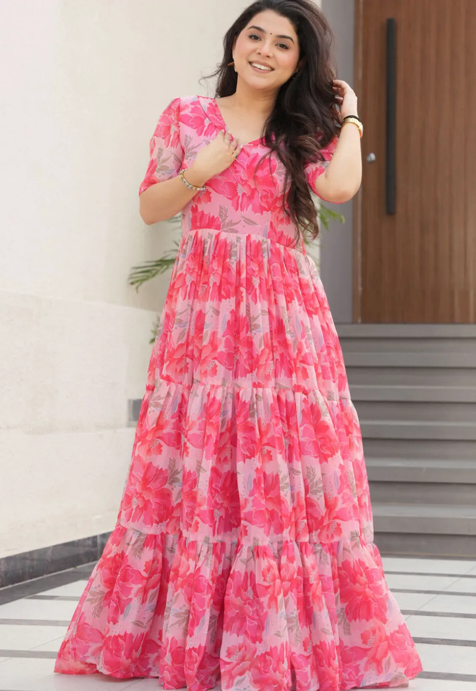 Digital Printed Georgette Tiered Gown in Pink