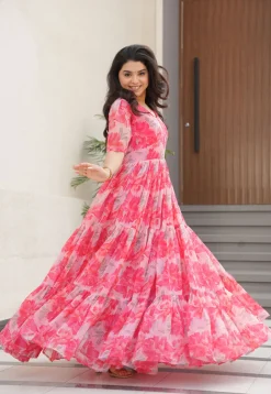 Digital Printed Georgette Tiered Gown in Pink