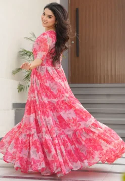 Digital Printed Georgette Tiered Gown in Pink