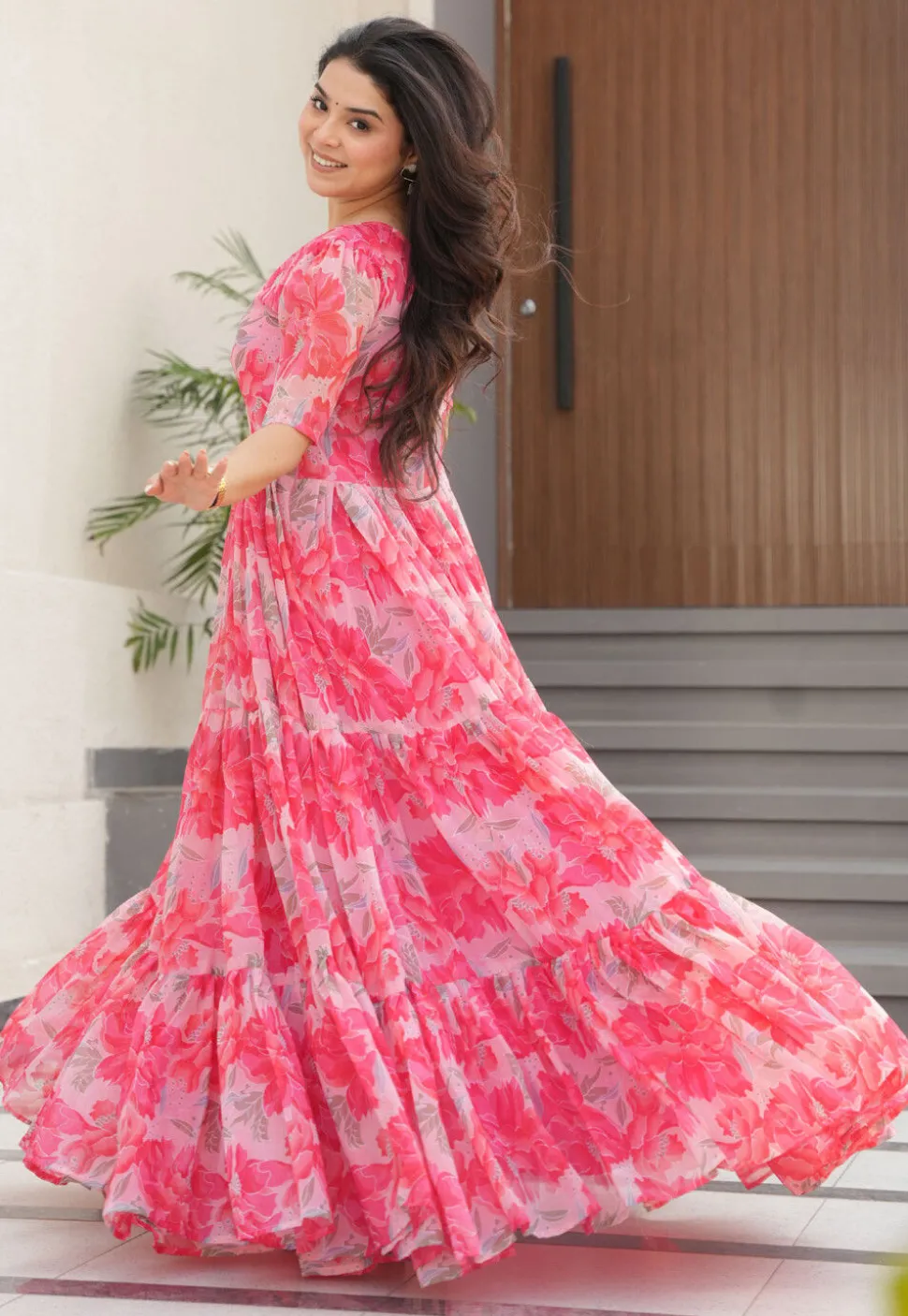 Digital Printed Georgette Tiered Gown in Pink