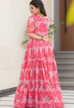 Digital Printed Georgette Tiered Gown in Pink
