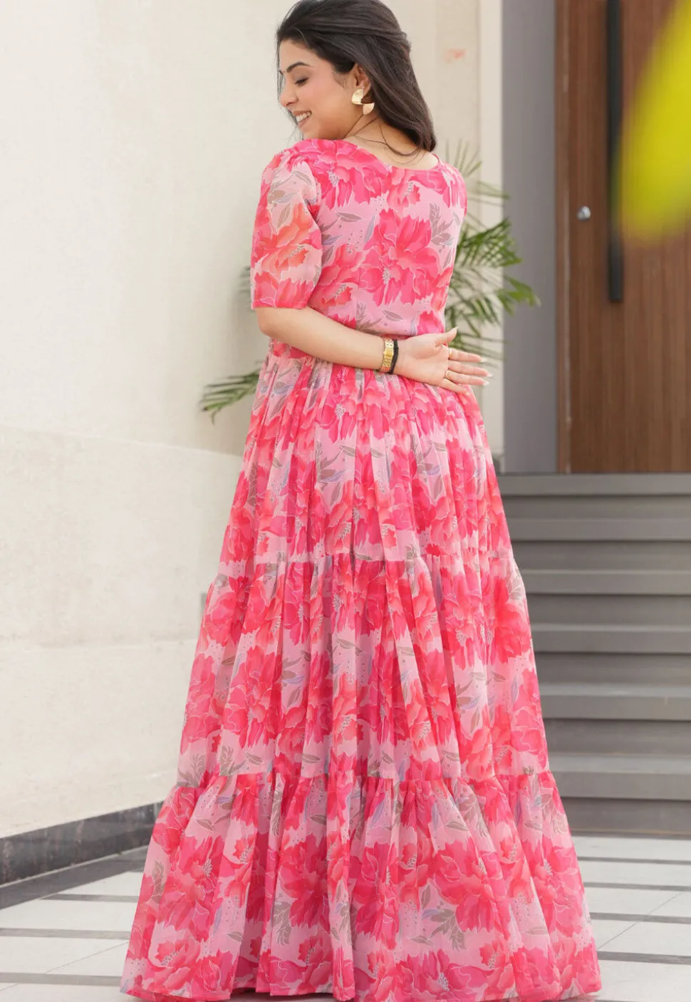 Digital Printed Georgette Tiered Gown in Pink