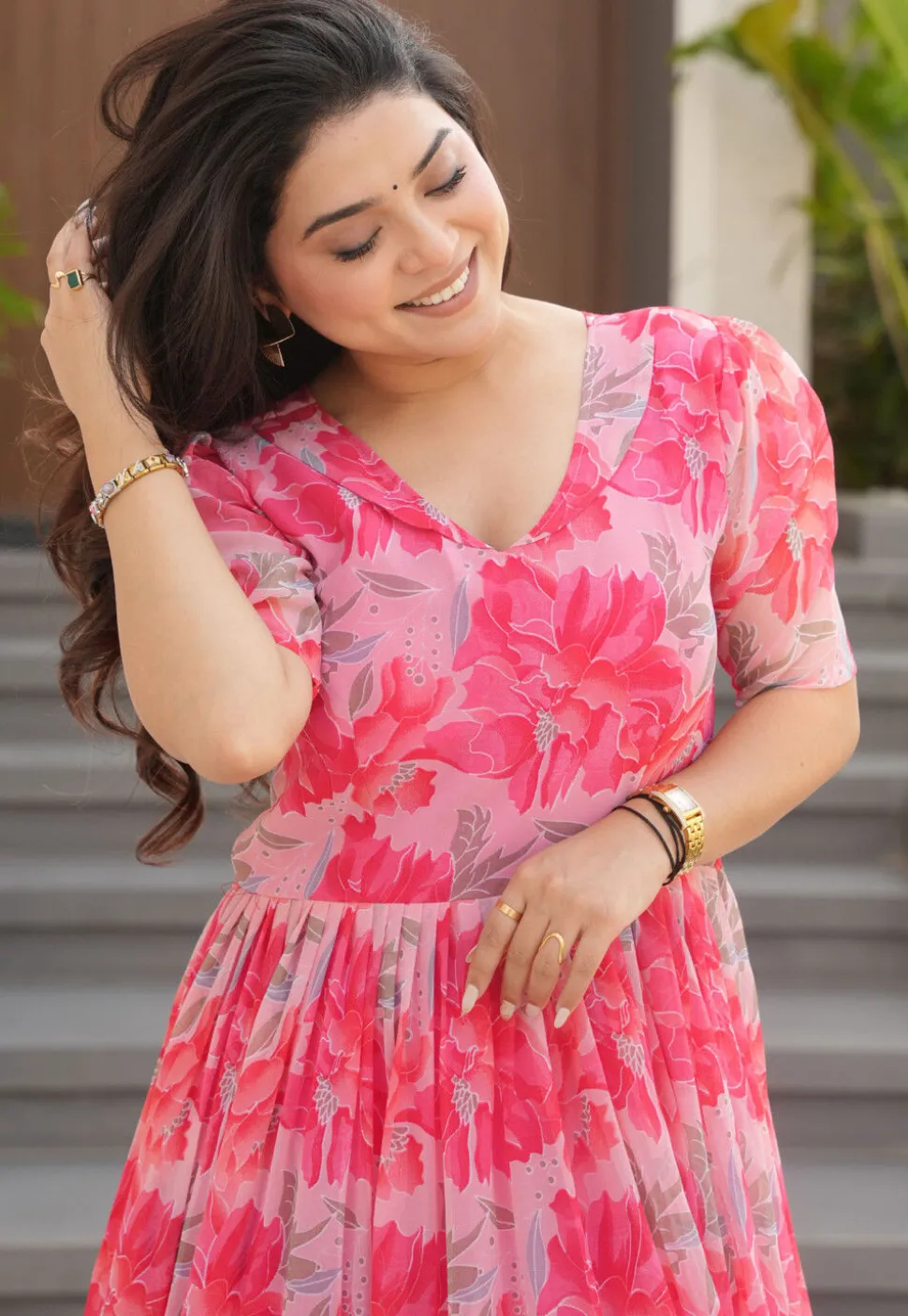 Digital Printed Georgette Tiered Gown in Pink