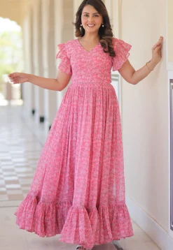 Digital Printed Georgette Maxi Dress in Pink